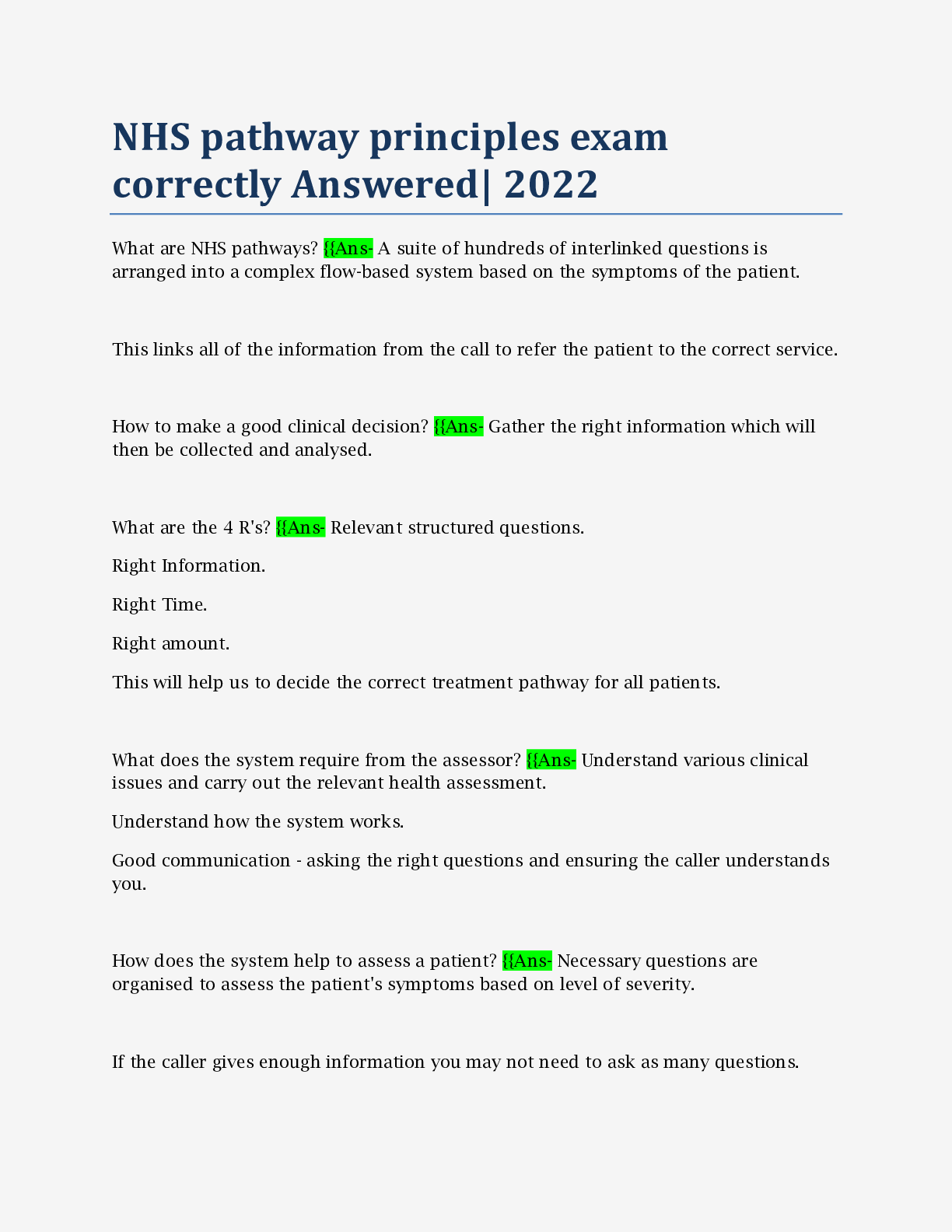 Preview image of NHS pathway principles exam correctly Answered| 2022 document